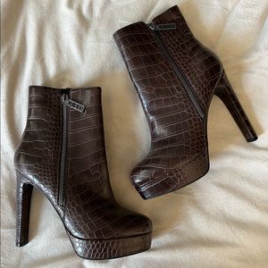 Brown Crocodile Platform Ankle Boots